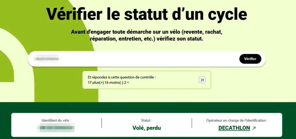 Vérification du statut d'un vélo volé sur le site de l'APIC Résultat de la vérification d'un vélo sur le site de l'APIC, affichant le statut « Volé, perdu » et l'opérateur d'identification