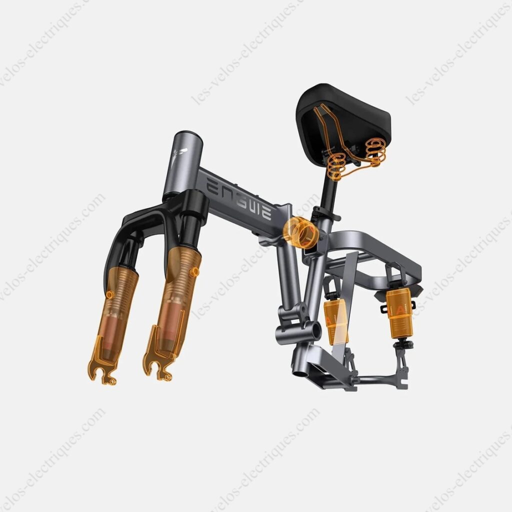 Suspensions multiples : 2 sur la fourche avant, 2 sur l’arrière et 1 suspension centrale mini vélo électrique pliable engwe t14 (17)